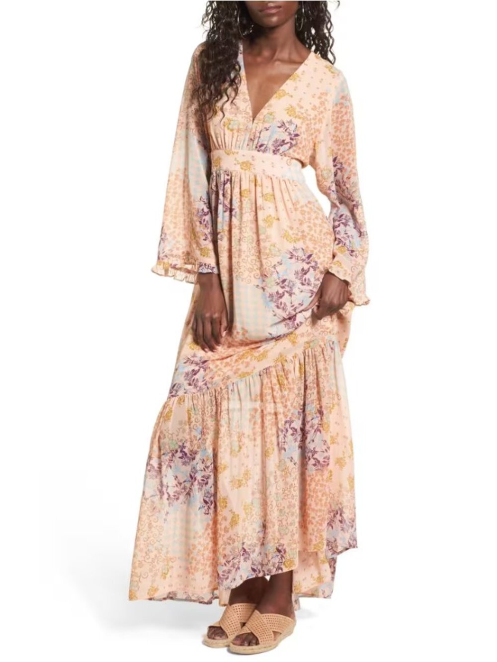 WAYF Viola Bell Sleeve Peach Floral Maxi Dress - Size Medium